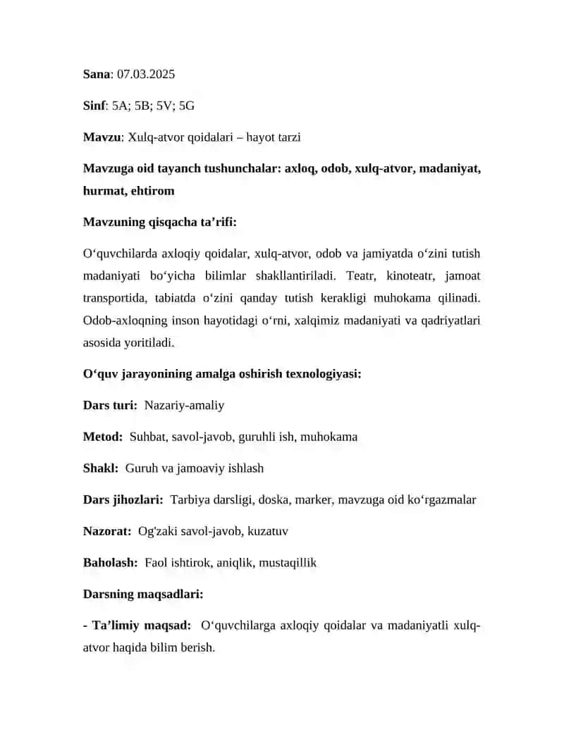 5-sinf 6-dars ishlanmasi - Xulq-atvor qoidalari – hayot tarzi 2