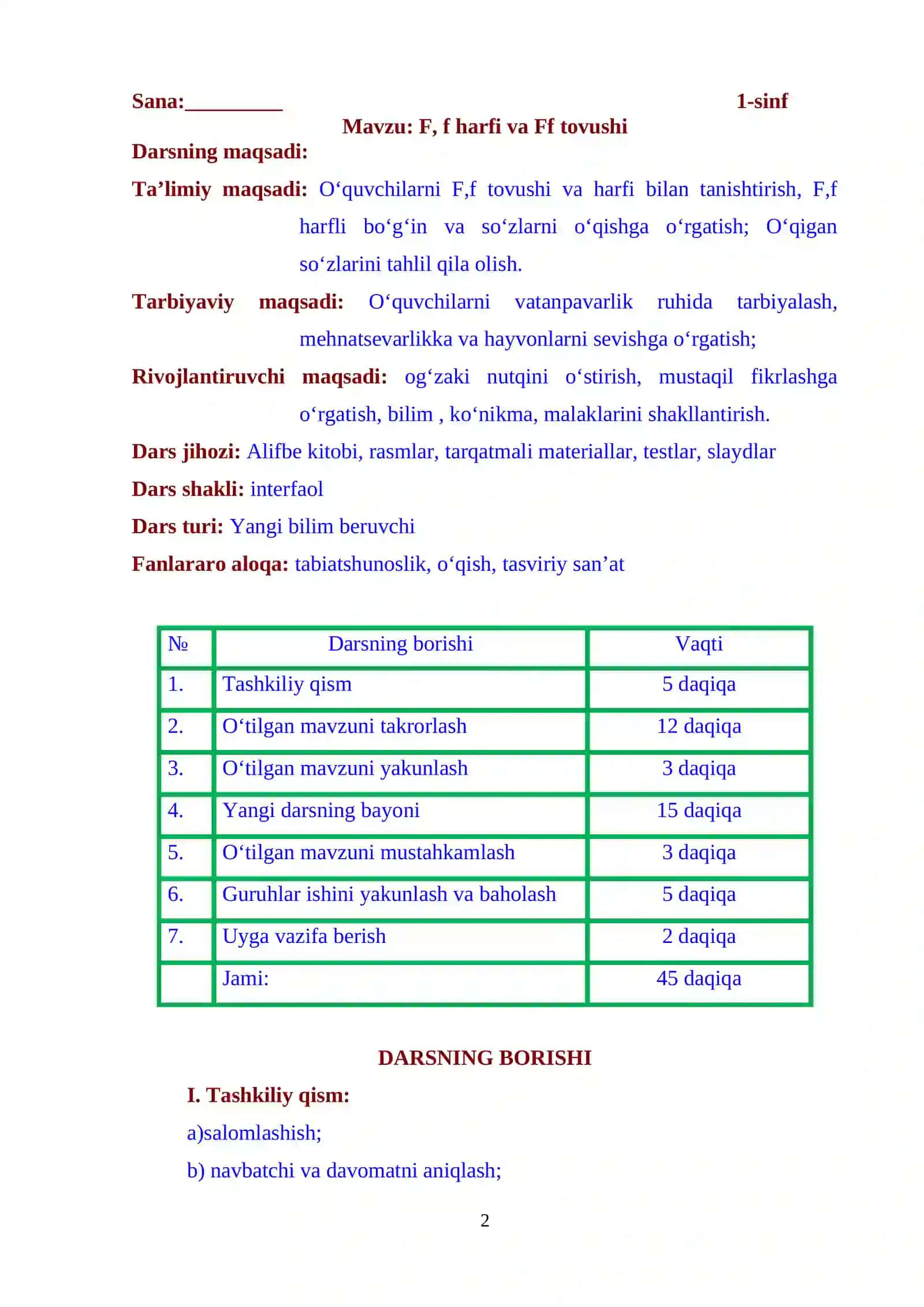 1-sinf alifbe Ff tovushi va Ff harfi dars ishlanma 2