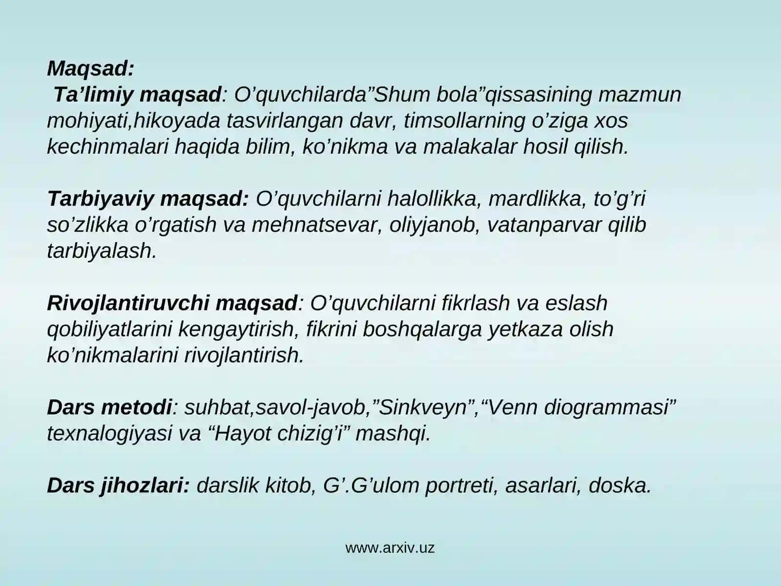 G’AFUR G’ULOM(1903— 1966) Mavzu:Gofur G’ulomning“Shum bola”qissasi matni va timsollari ustida ishlash(2-soat) 2