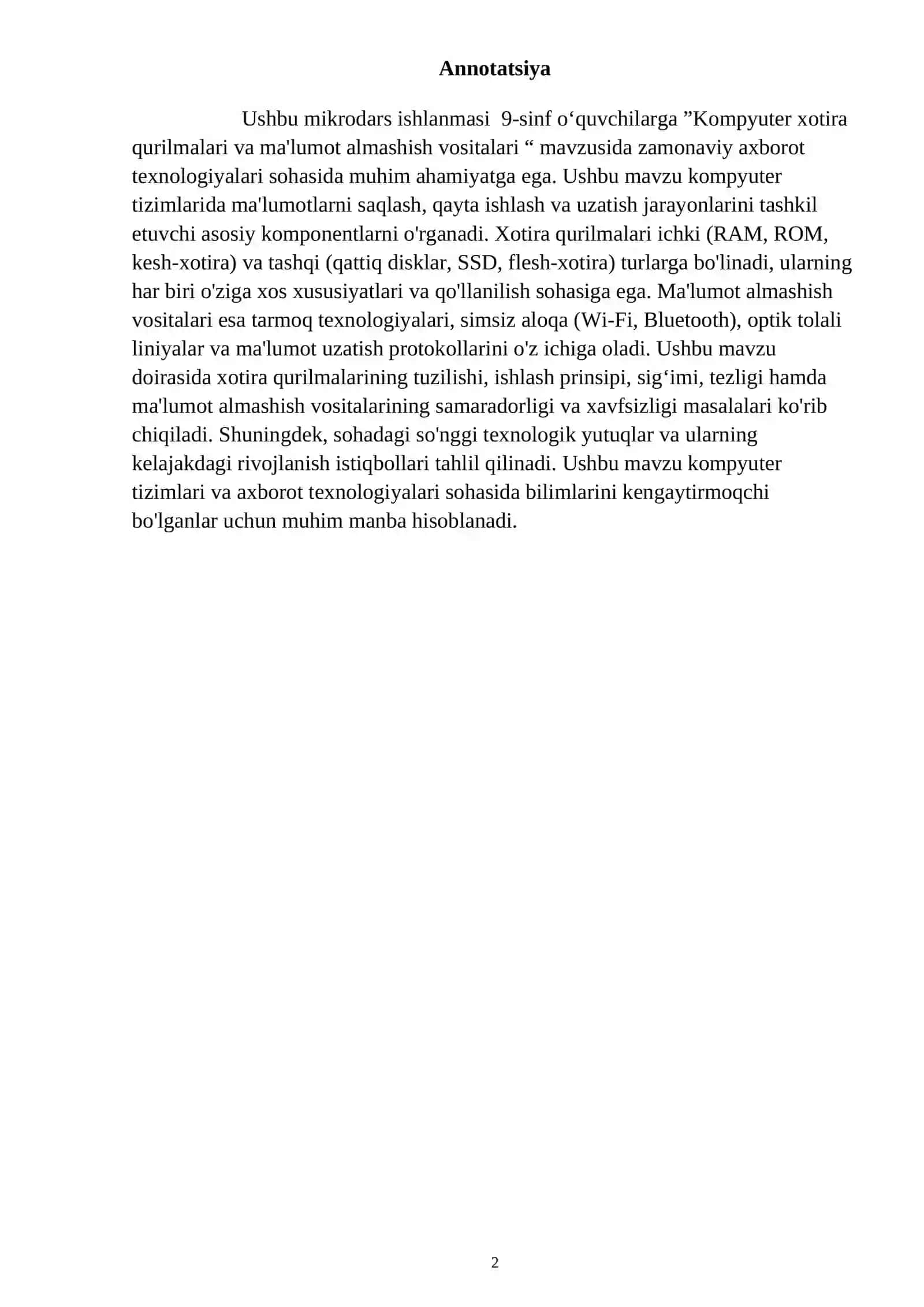 “Komyuter xotira qurilmalari va ma’lumotn almashish vositalari” MIKRODARS ISHLANMASI 2