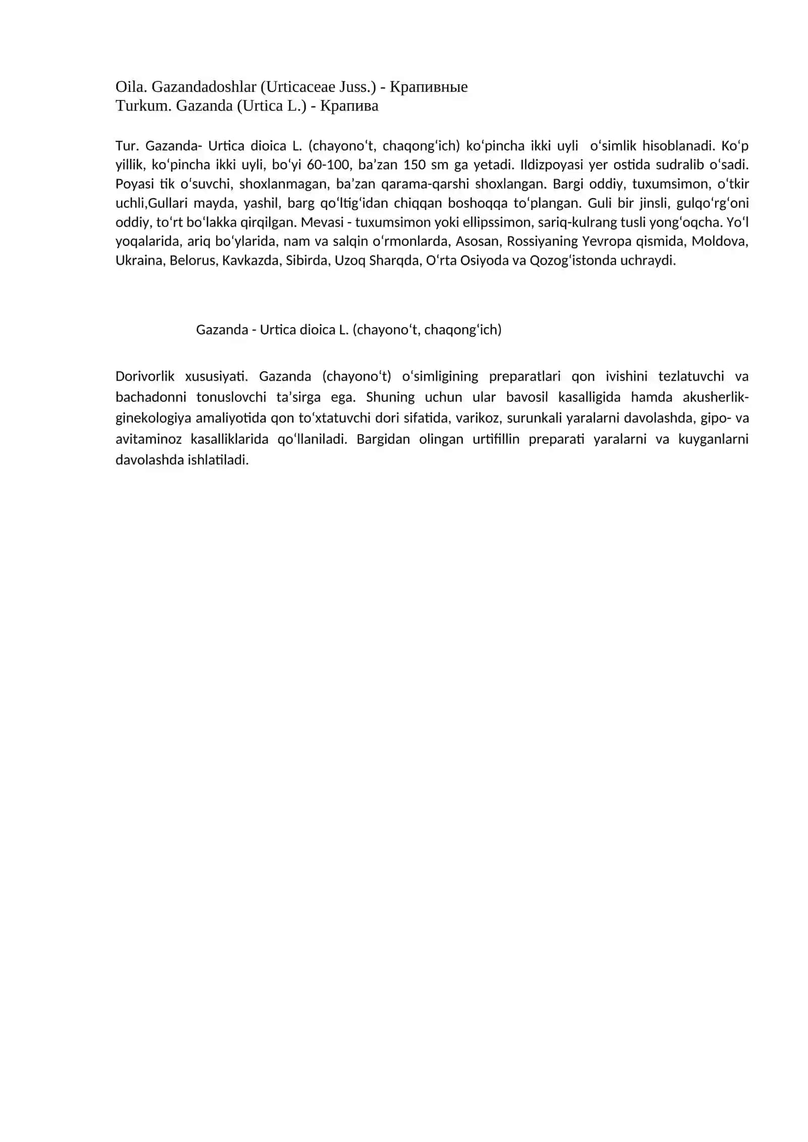Tutdoshlar (Moraceae) va Gazandadoshlar (Urticaceae) oilasi 2