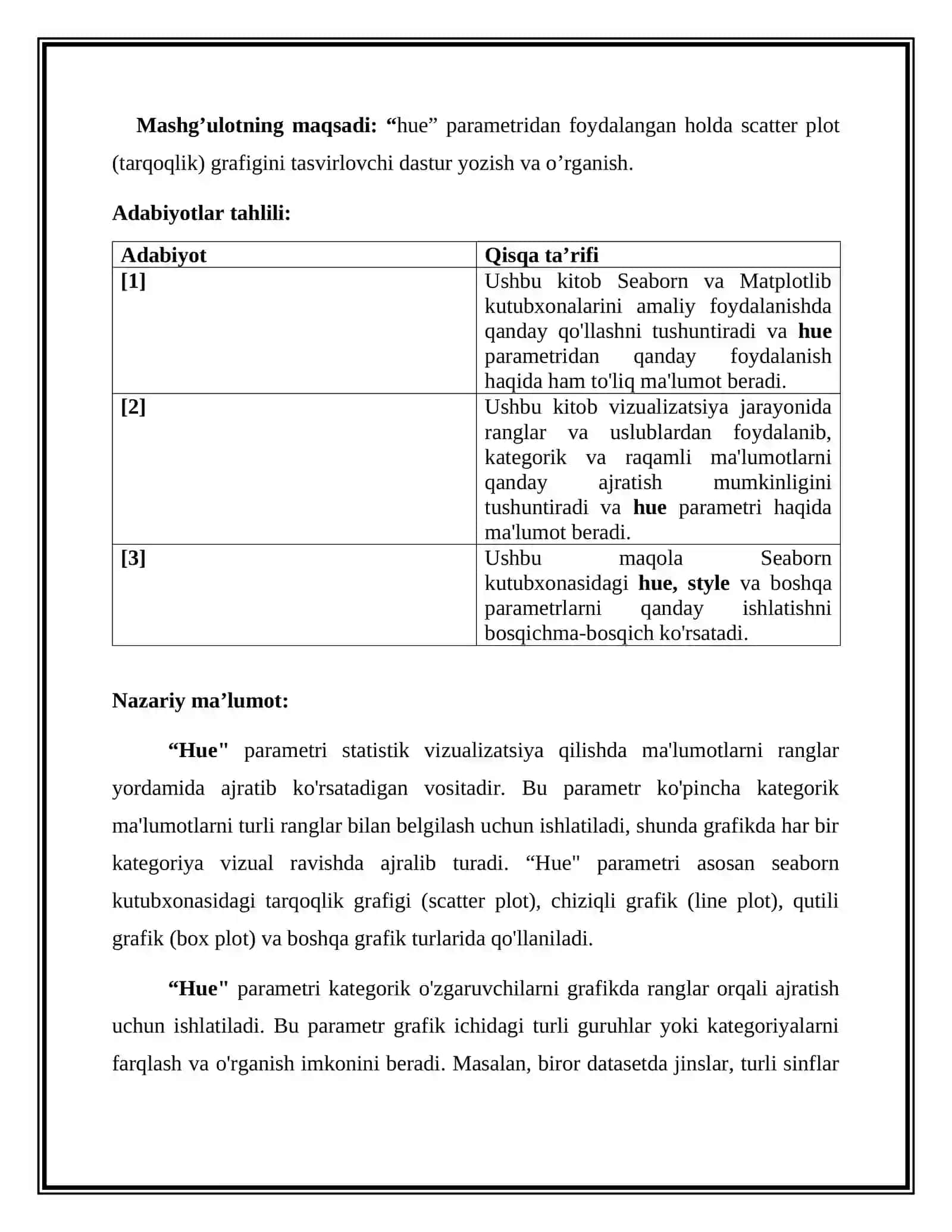 “hue” parametridan foydalangan holda scatter plot (tarqoqlik) grafigini tasvirlovchi dastur yozish va o’rganish. 2