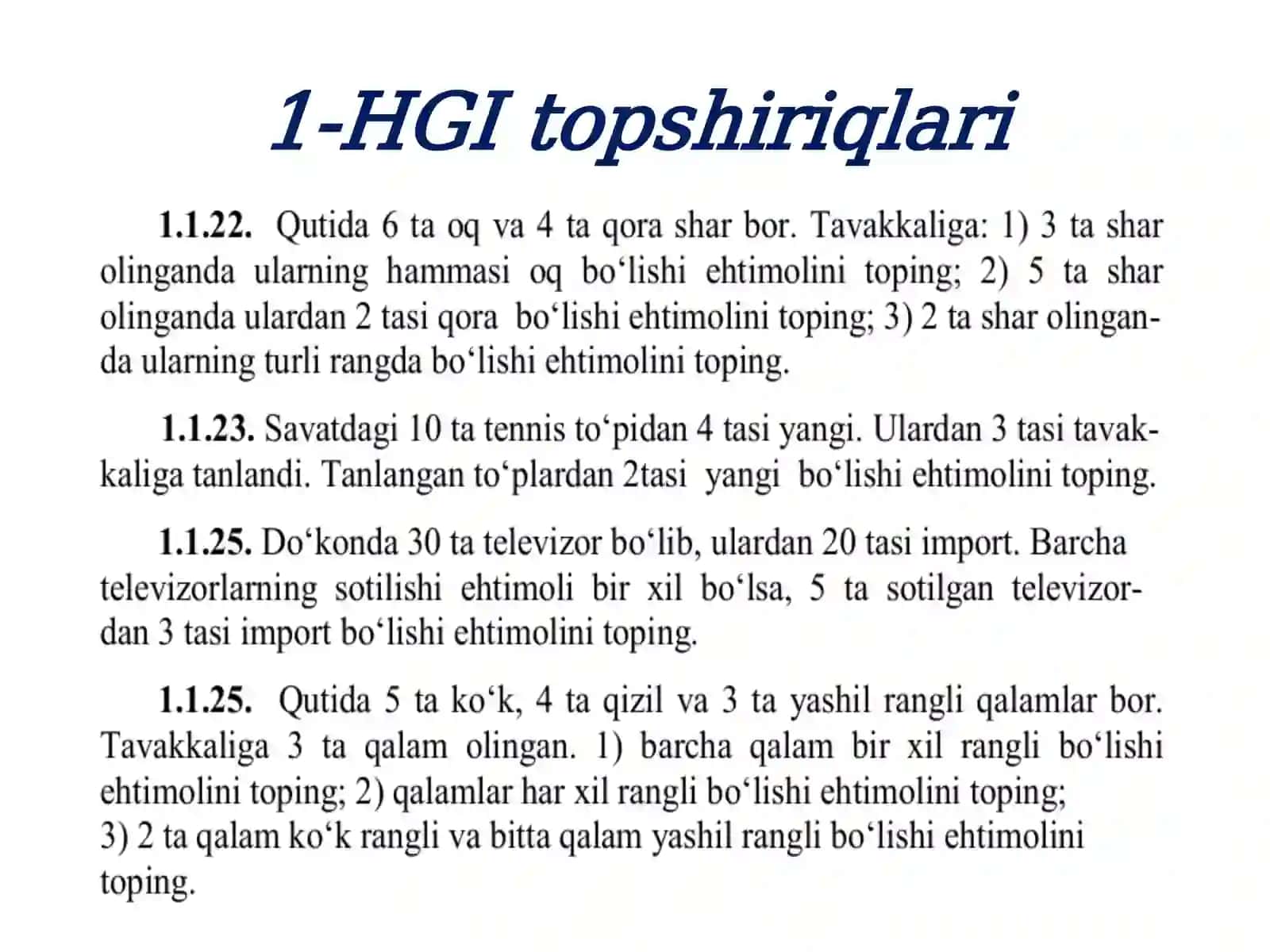 EHTIMOLLAR NAZARIYASI VA MATEMATIK STATISTIKA FANIDAN HISOB GRAFIK ISH TOPSHIRIQLARI 2