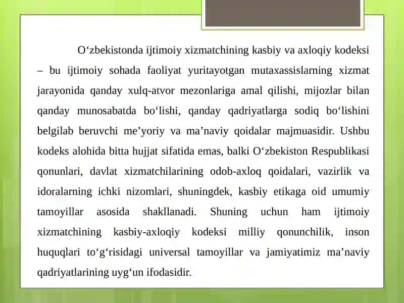 Oʻzbekiston ijtimoiy xizmatining kasbiy va axloqiy kodeksi 2