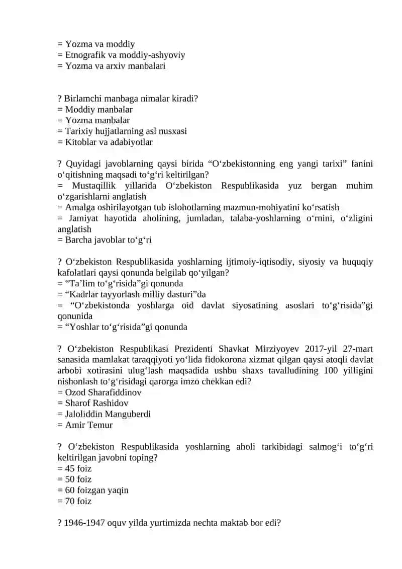 O‘zbekistonning eng yangi tarixi fanidan yakuniy nazorat uchun testlar 2