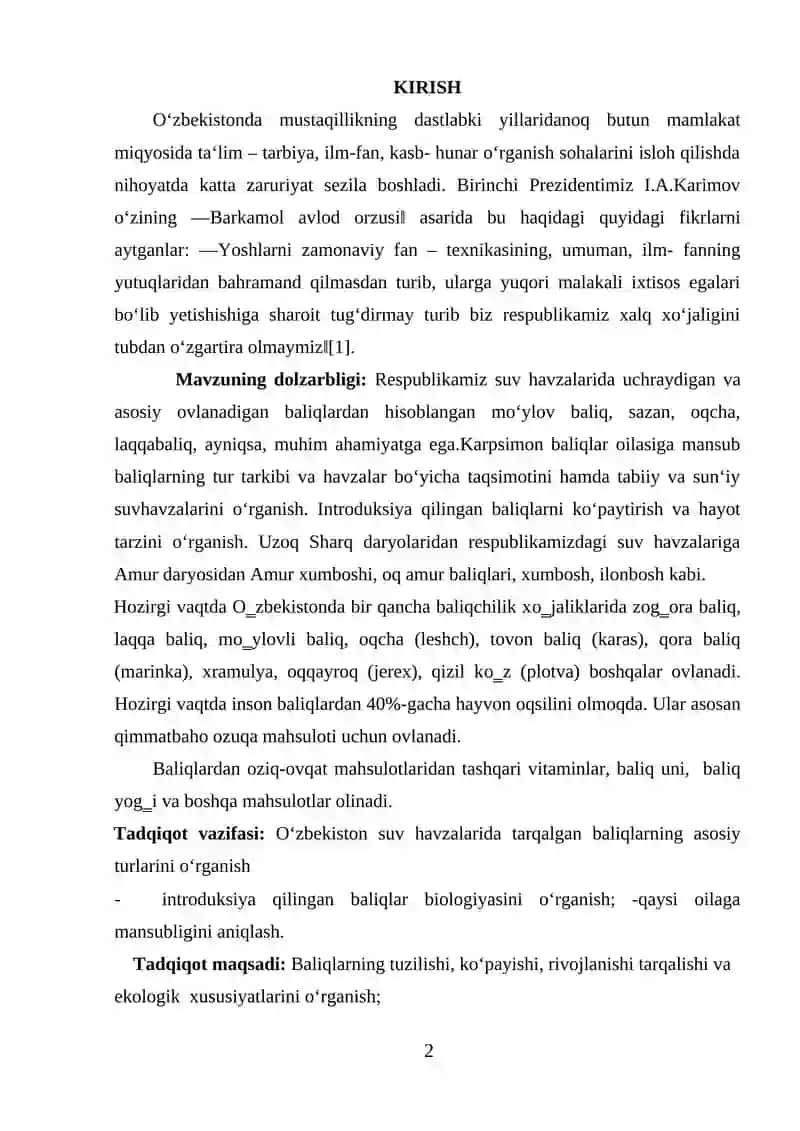 OʻZBEKISTON IXTIOFAUNASINING OʻZIGA XOS VAKILLARI, ABORIGENLAR, INTRODUKSIYA QILINGAN BALIQLAR 2