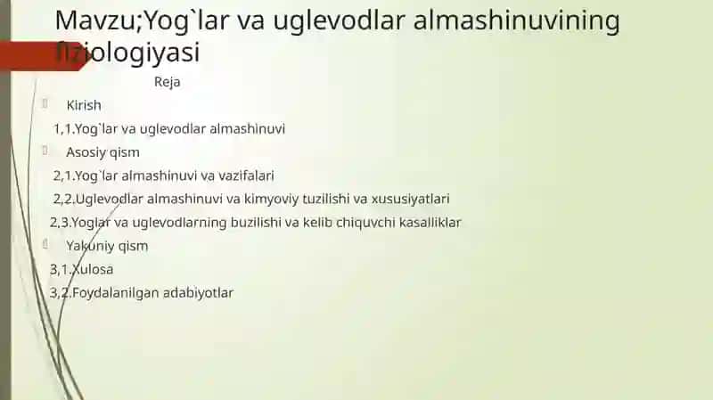 Yog`lar va uglevodlar almashinuvining fiziologiyasi 2