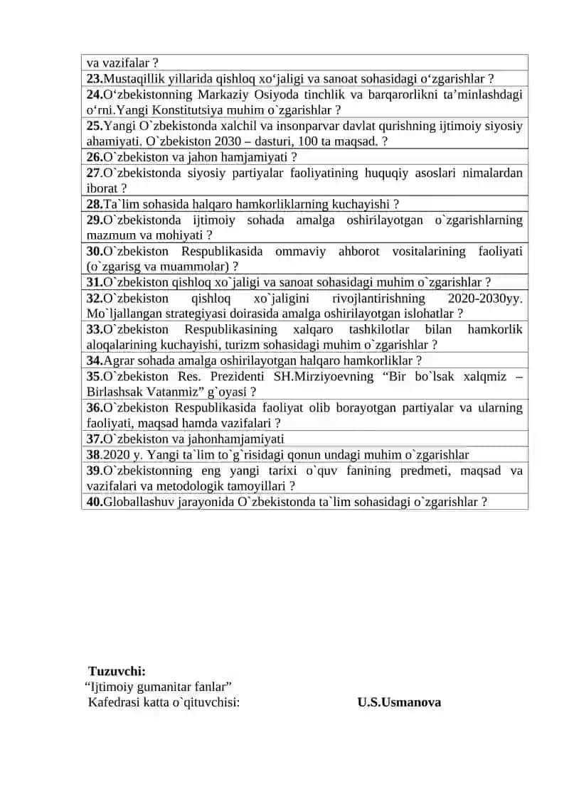 O`zbekistonning ehg yangi tarixi fanidan mustaqil ta`lim savollari 2