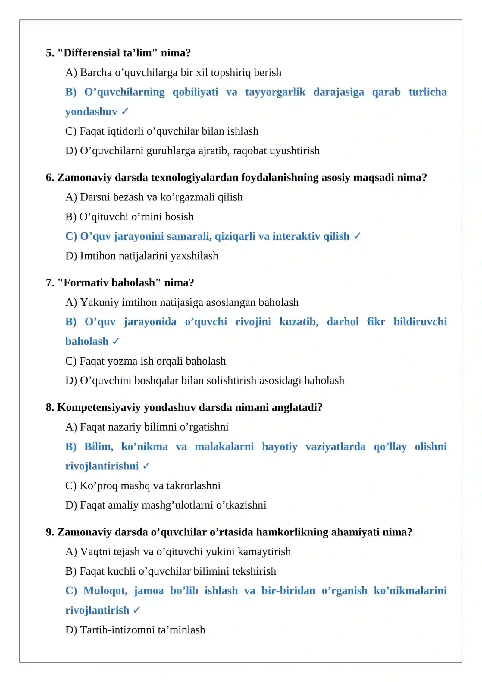 DARS RIVOJLANISHINING ASOSIY TENDENSIYALARI 20 TA TEST SAVOLLARI 2