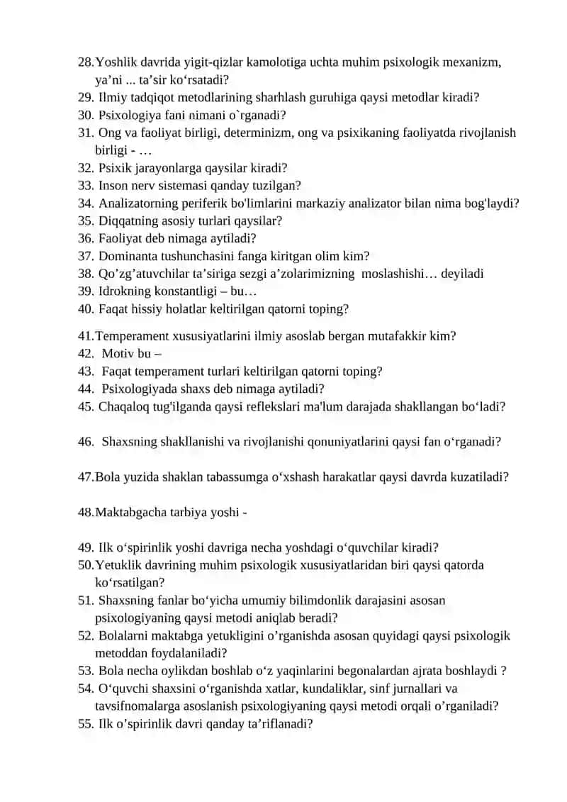 Umumiy psixologiya fanidan yakuniy nazorat (TEST) savollari 2