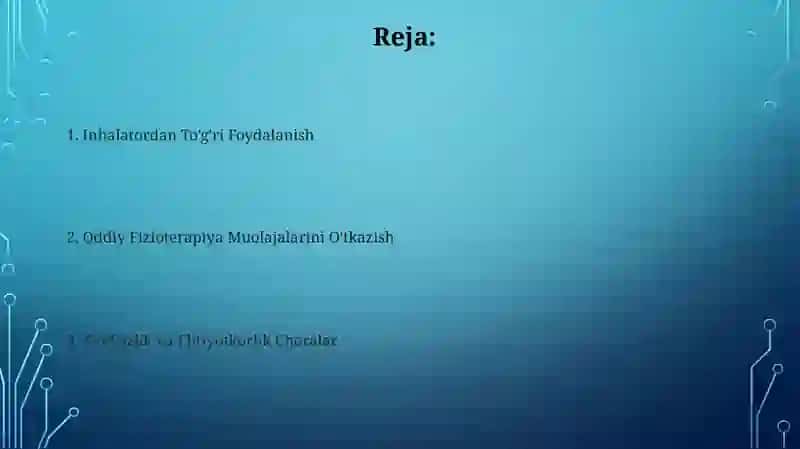 Oddiy fizioterapevtik muolajalarnu bajarish Ingalyatordan foydalanish 2
