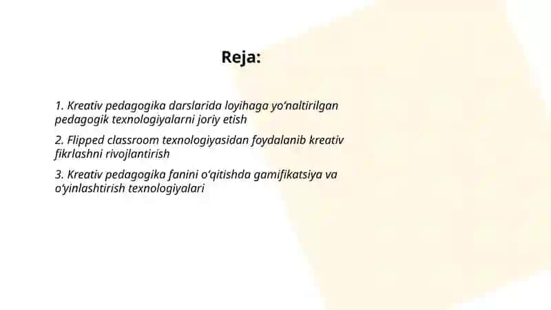 Kreativ pedagogika fanini oʻqitishda pedagogik texnologiyalardan foydalanish 2