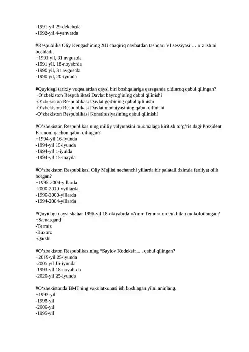 O'zbekistonning eng yangi tarixi fanidan test savollari 2