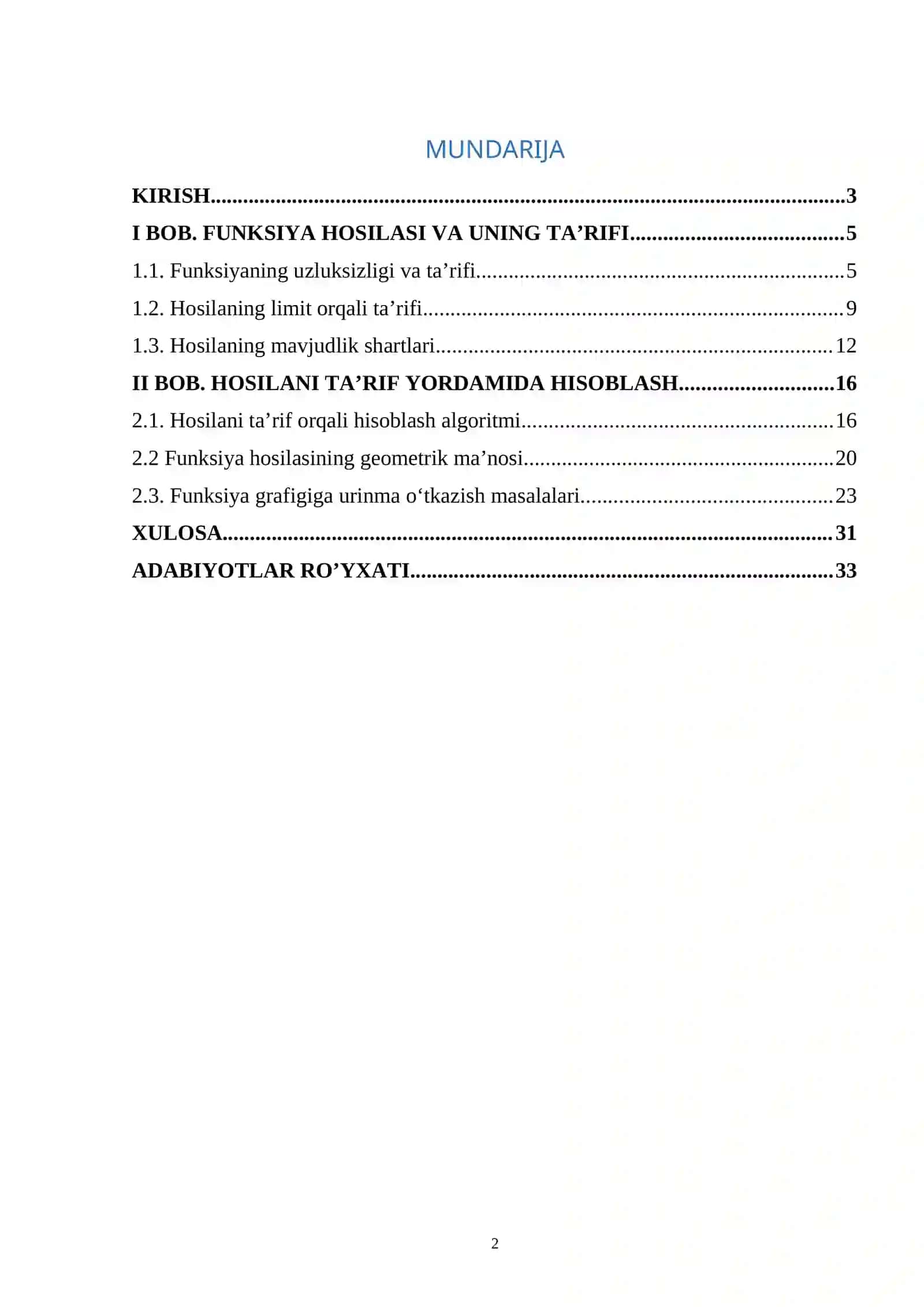 Funksiya hosilasini ta’rif yordamida hisoblash. Hosila hisoblashga doir misollar. Funksiya hosilasining geometrik ma’nosiga doir misollar. 2