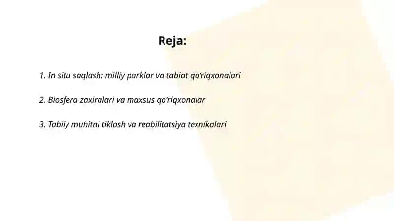 Oʻsimlilar va hayvonlar turlarini saqlash usullari 2
