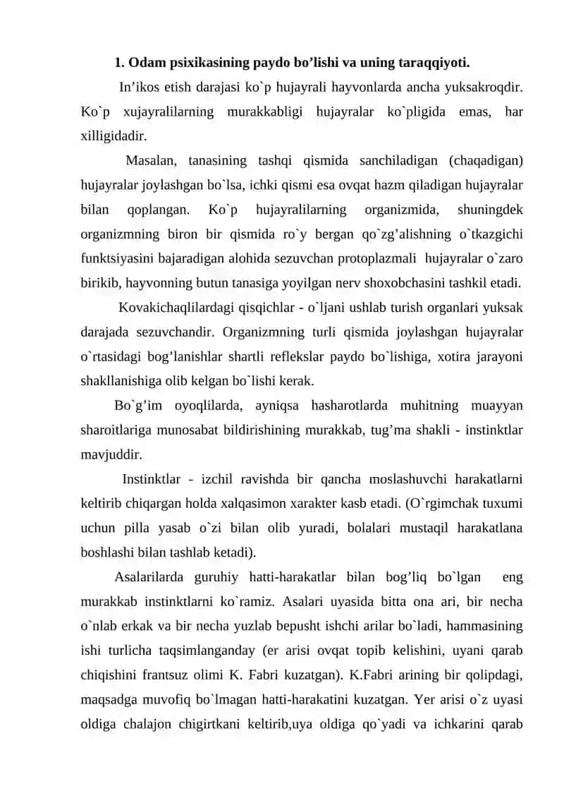 Odam psixikasining paydo bo’lishi 2