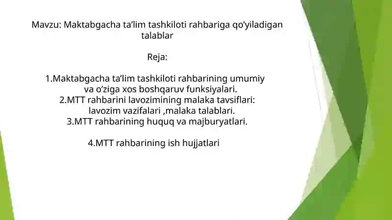 Maktabgacha ta’lim tashkiloti rahbariga qo’yiladigan talablar 2