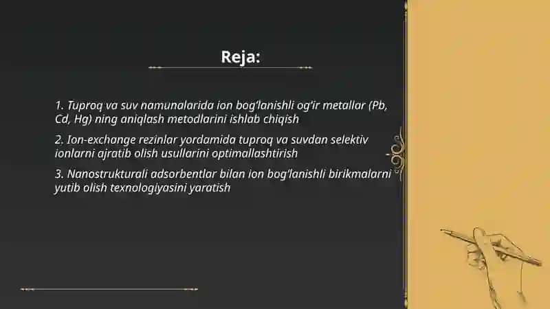 Tuproq va suvning ifloslanishida ion bogʻlanishli birikmalarni aniqlab ulardan tozalash usulini ishlab chiqish 2