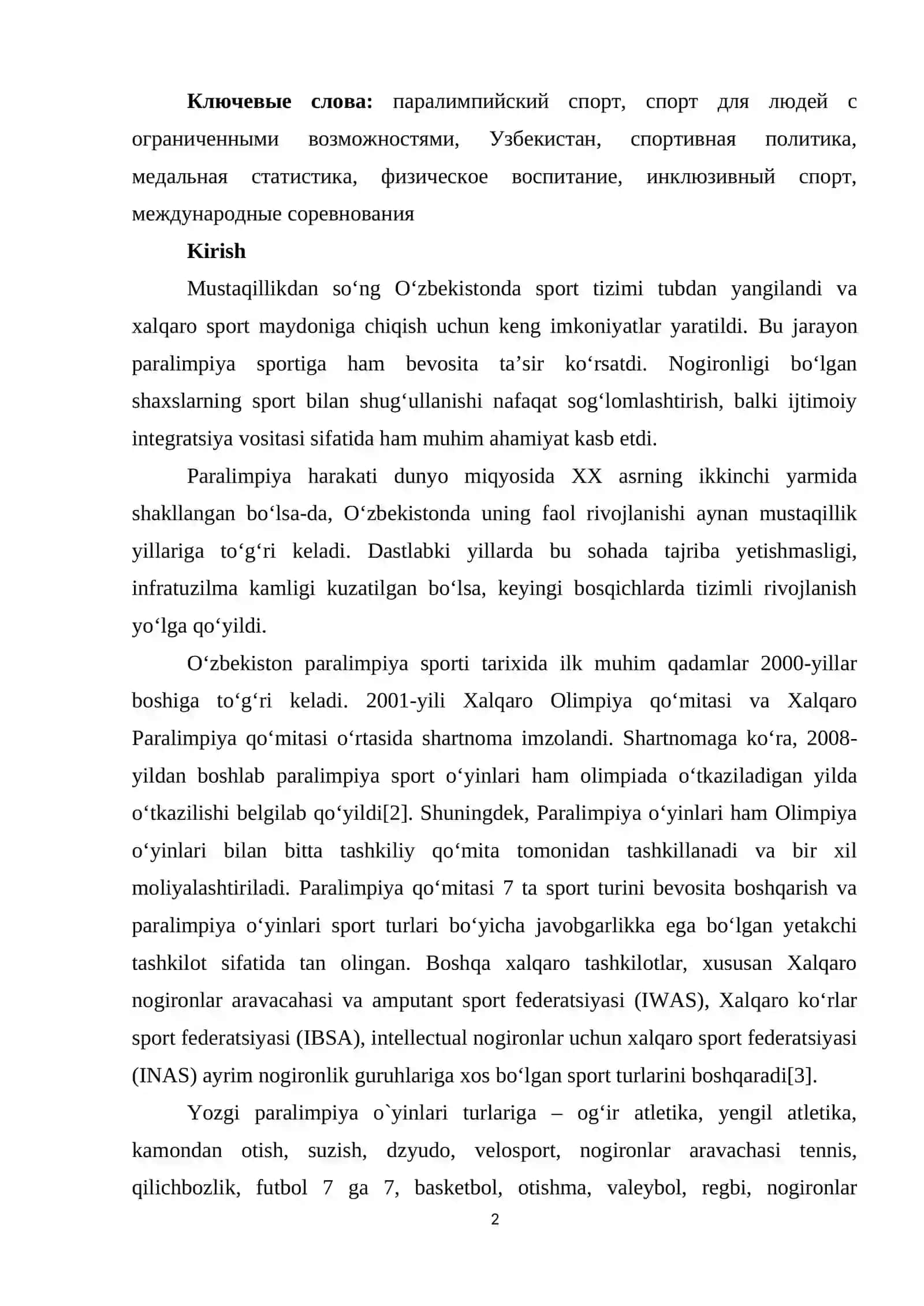 MUSTAQILLIK YILLARIDA PARALIMPIYA SPORTINING RIVOJLANISH TARIXI 2