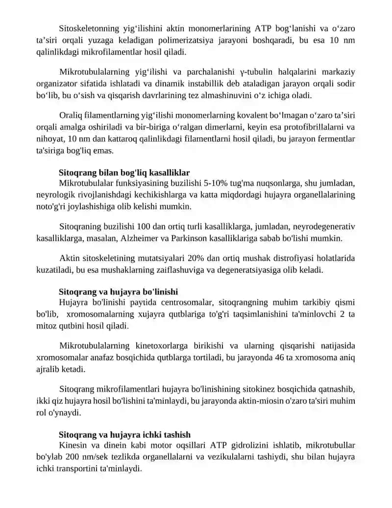 Hujayra sitoskeletining strukturaviy va funksional tashkil etilishi 2