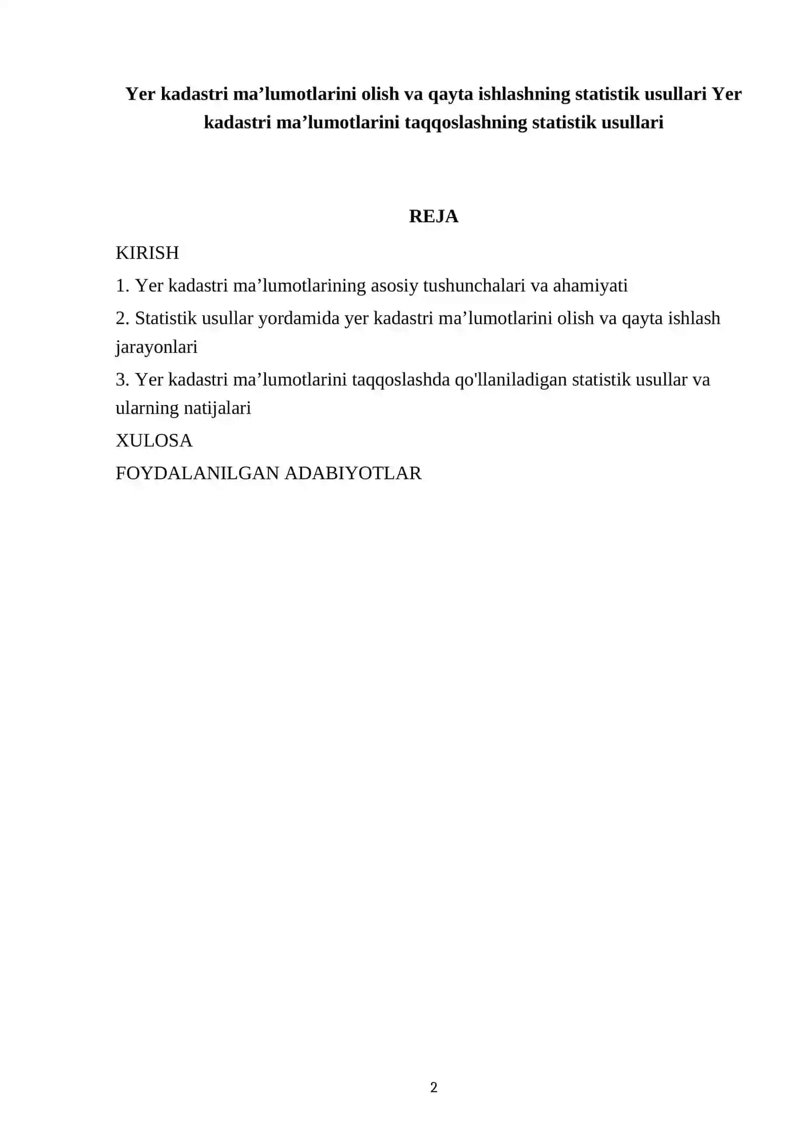Yer kadastri ma’lumotlarini olish va qayta ishlashning statistik usullari 2
