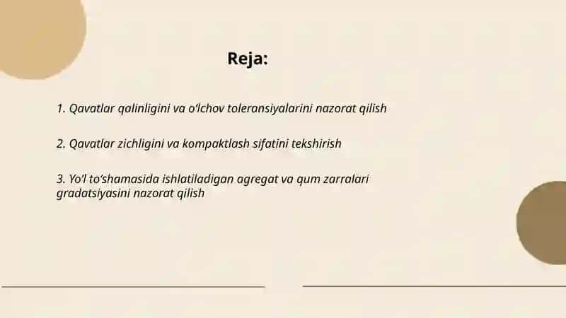 Yoʻl toʻshamasini pardozlash va mustahkamlash ishlari sifatini nazorat qilish 2