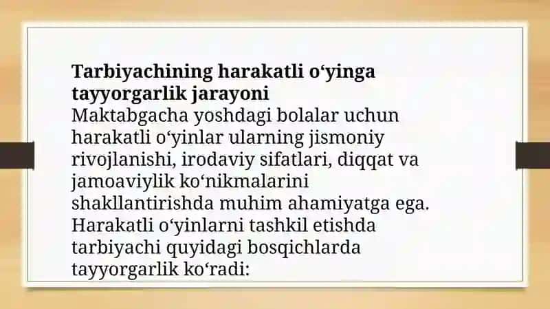 Maktabgacha ta’limda tarbiyachining harakatli o’yin o’tkazishga tayyorlanishi 2