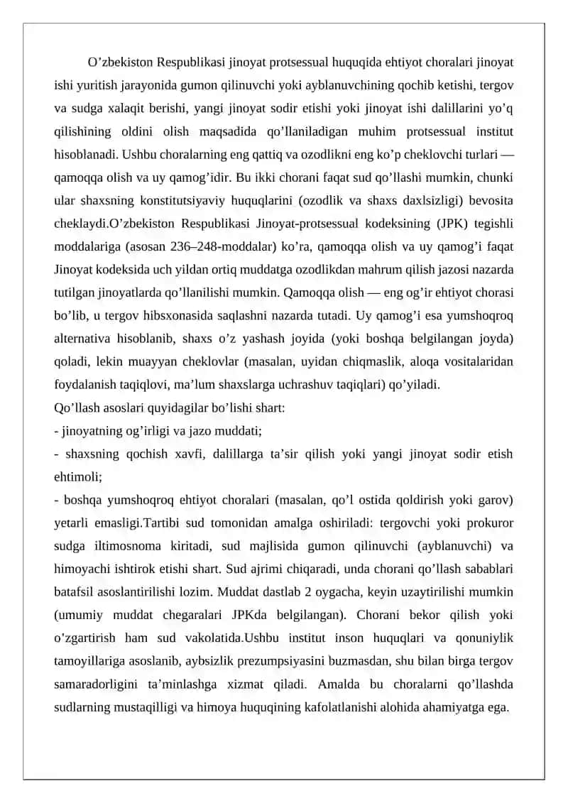 Ehtiyot chorasi sifatida qamoqqa olish va uy qamog’ini qo’llash asoslari va tartibi 2