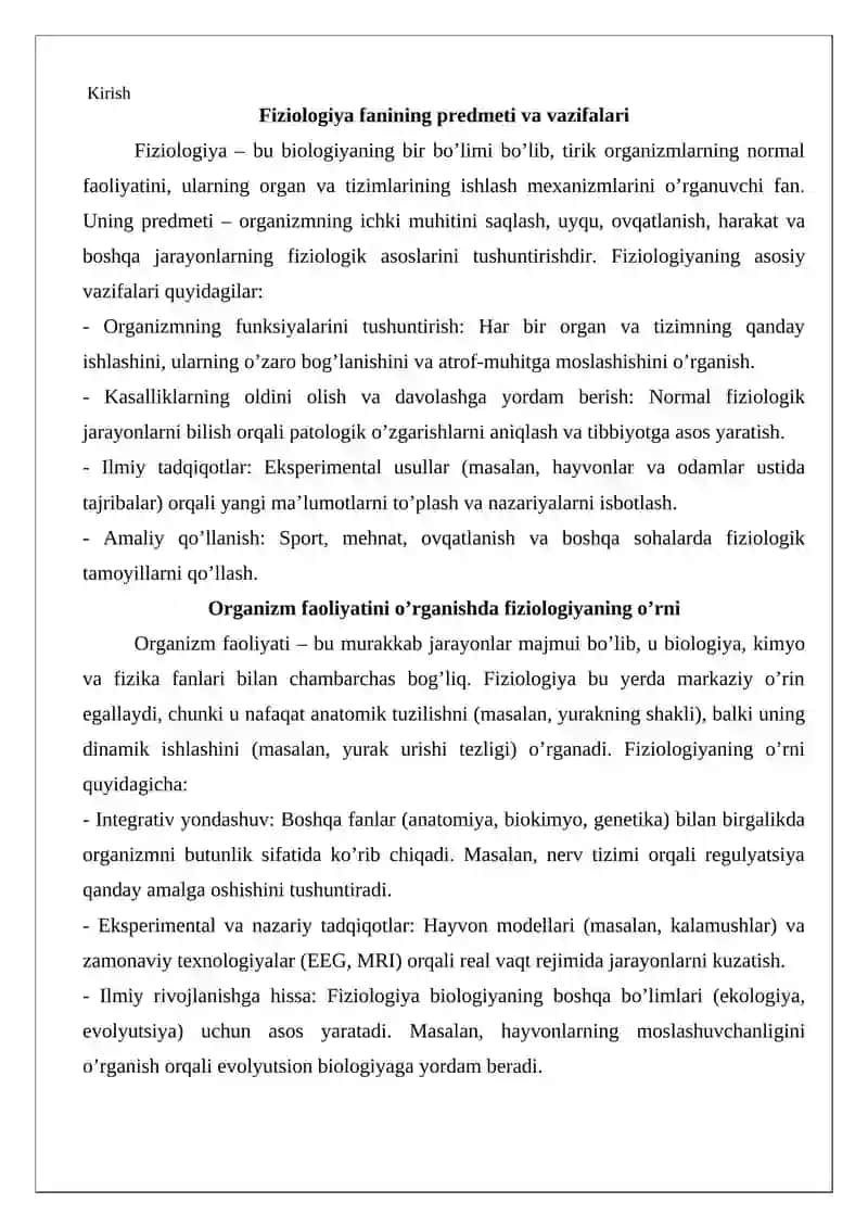 Fiziologiya faniga kirish. Qon aylanish tizimining fiziologik asoslari 2