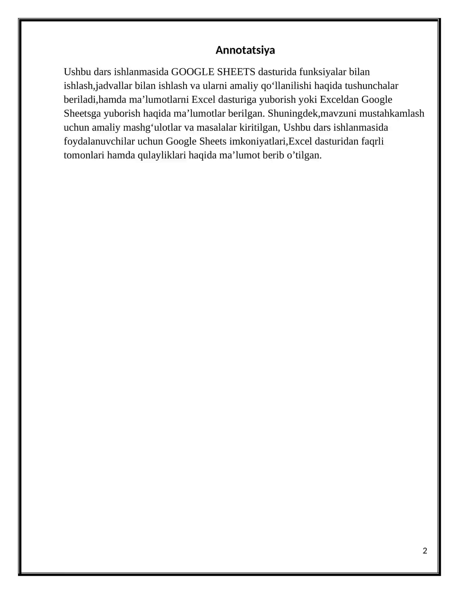 GOOGLE SHEETS IMKONIYATLARI 2