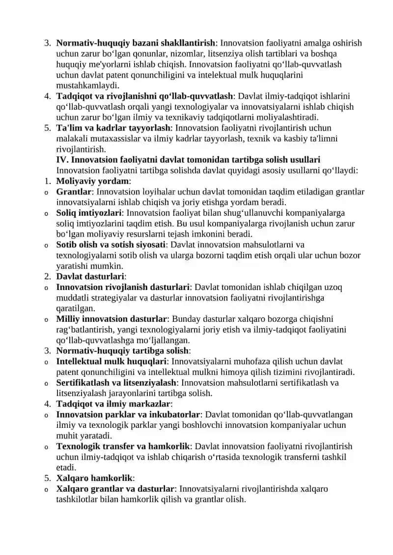 Innovatsiyalar tizimi va innovatsion faoliyatni davlat tomonidan tartibga solish 2