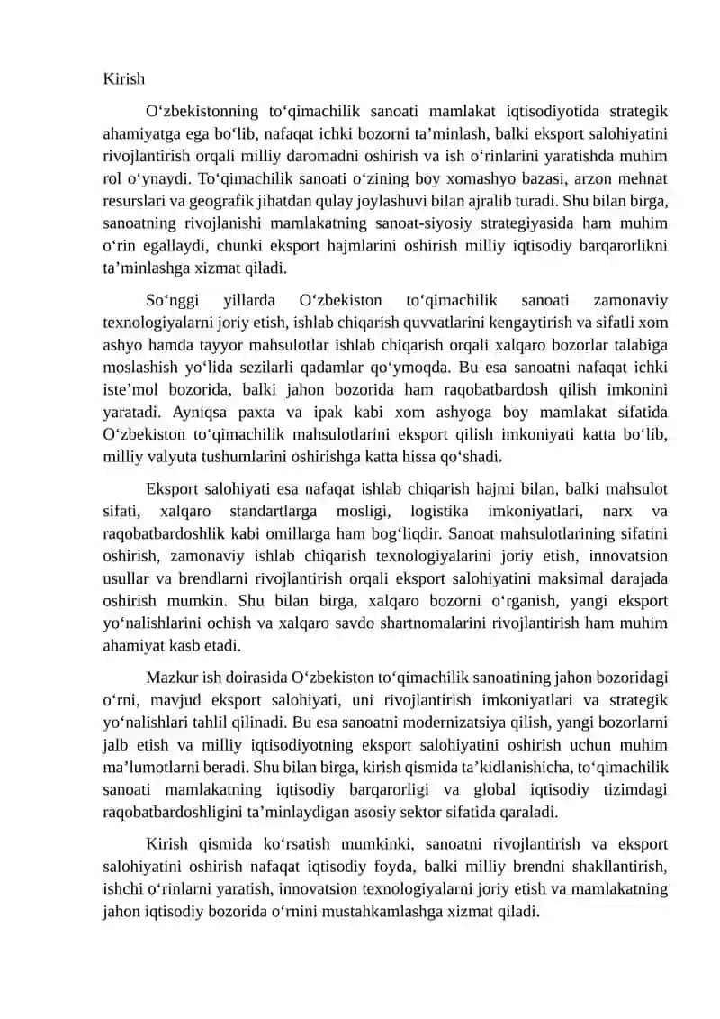 O'zbekiston to'qimachilik sanoatining eksport salohiyati 2