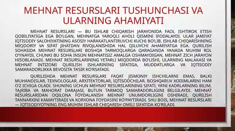 Mehnat resurslari va qurilishning kadrlar salohiyati 2