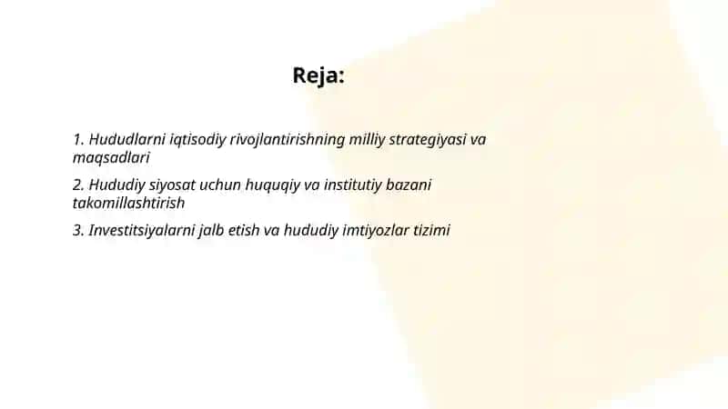 Hududlarni iqtisodiy rivojlantirish bo'yicha davlat siyosati 2