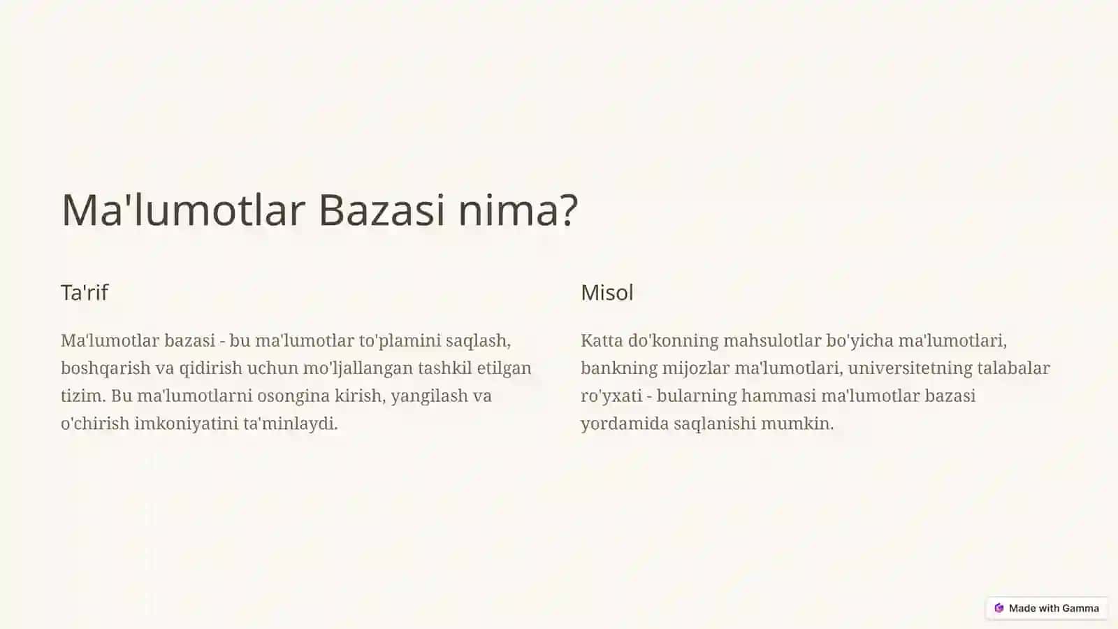 Ma'lumotlar Bazasi: Maqsad, Vazifalar va Asosiy Tushunchalar 2