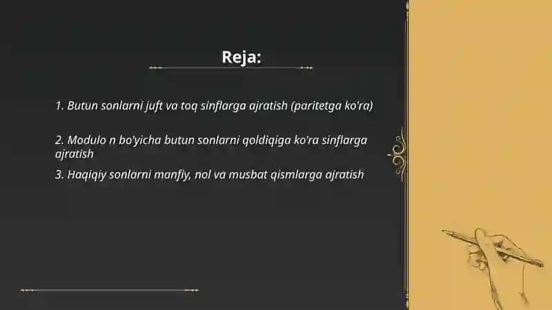 Butun sonlarni juft va toq sinflarga ajratish 2