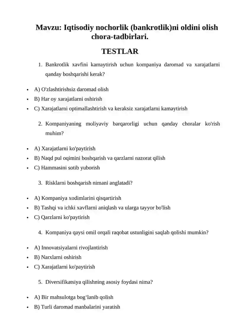 Iqtisodiy nochorlik (bankrotlik)ni oldini olish chora-tadbirlari test tuzish 2