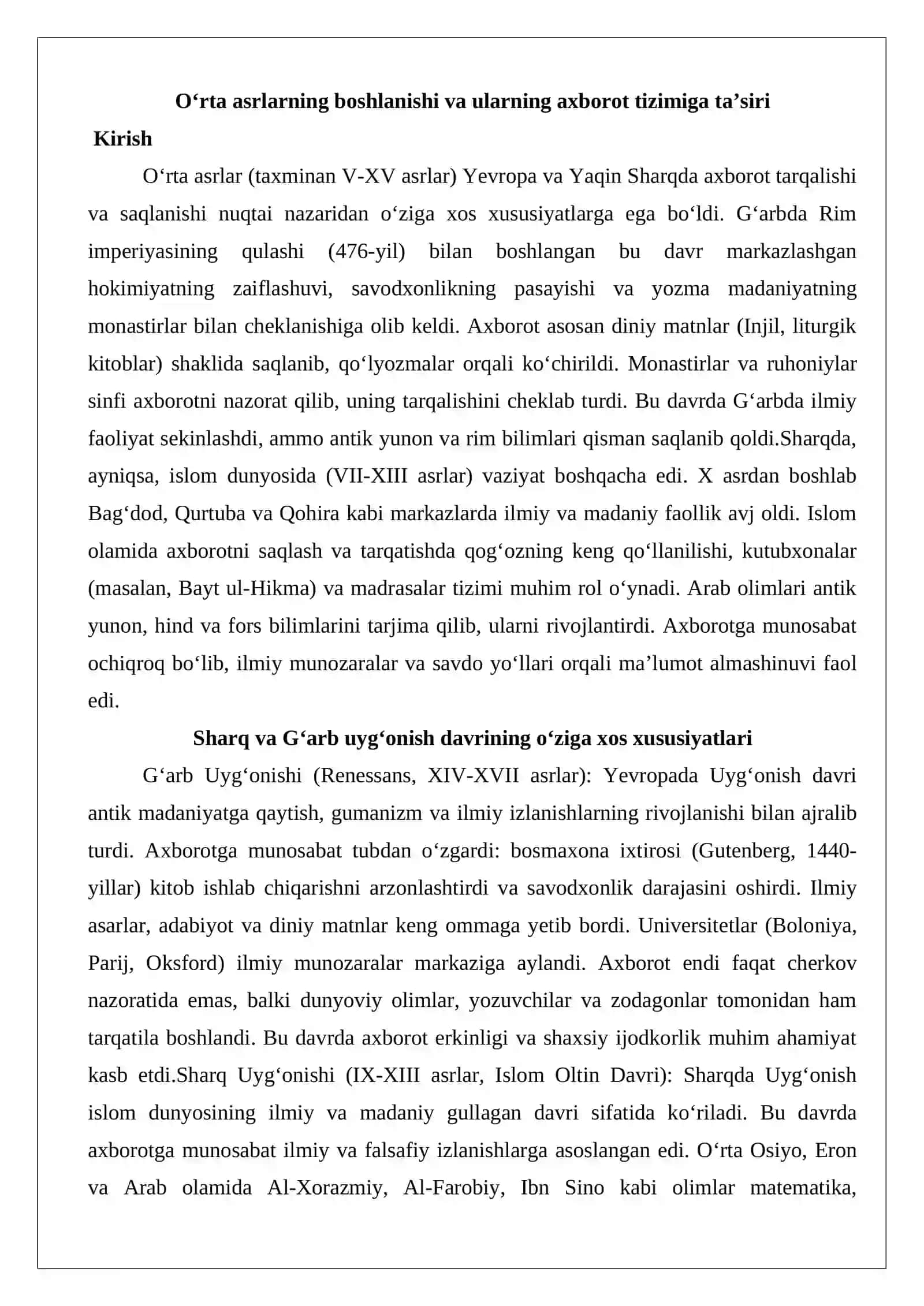 O‘rta asr Sharq va G‘arbning uyg‘onish davrida axborot, ma’lumotga bo‘lgan munosabat 2