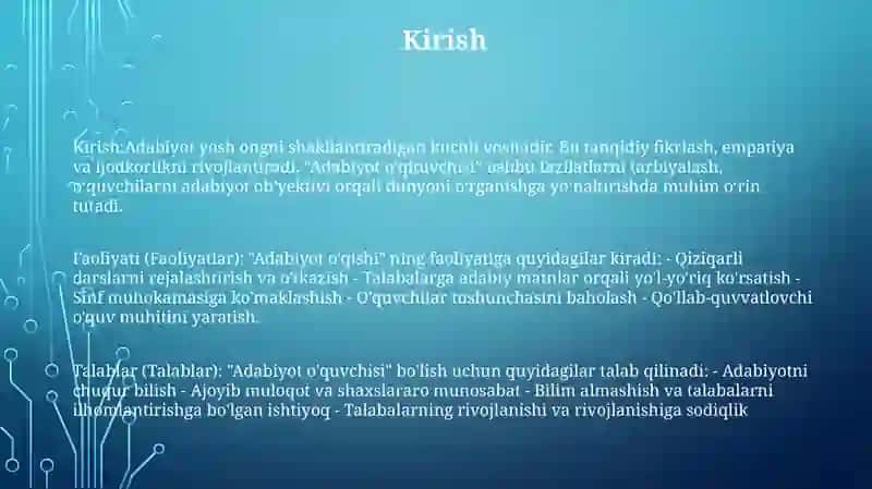 Adabiyot O'Qituvchisining Faoliyati Va UngaQo'YilganTalablar 2