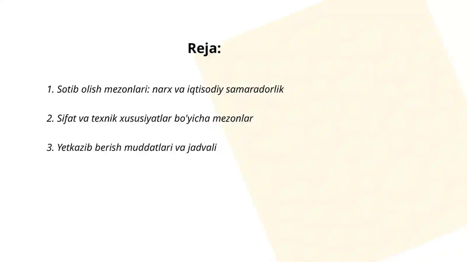 Xarid qilish mezonlari va muddatlari 2