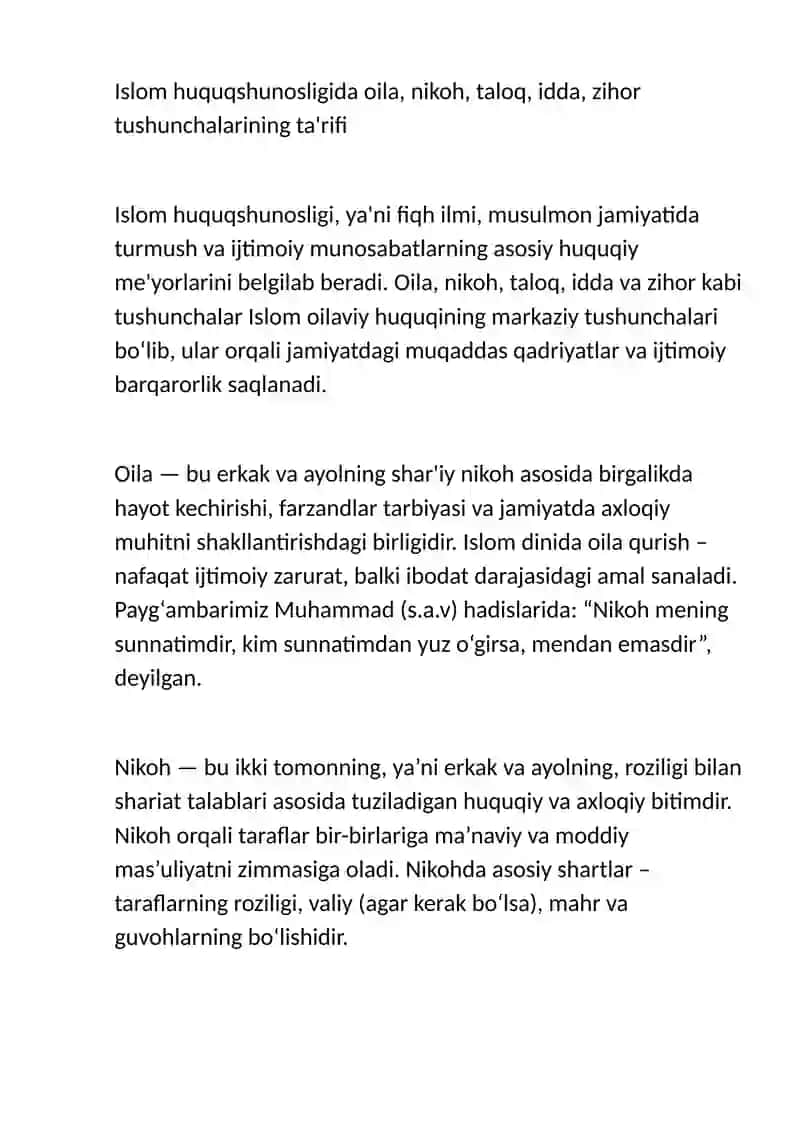Islom huquqshunosligida oila, nikoh, taloq, idda, zihor, tushunchalarining ta’riflash haqida esse 2