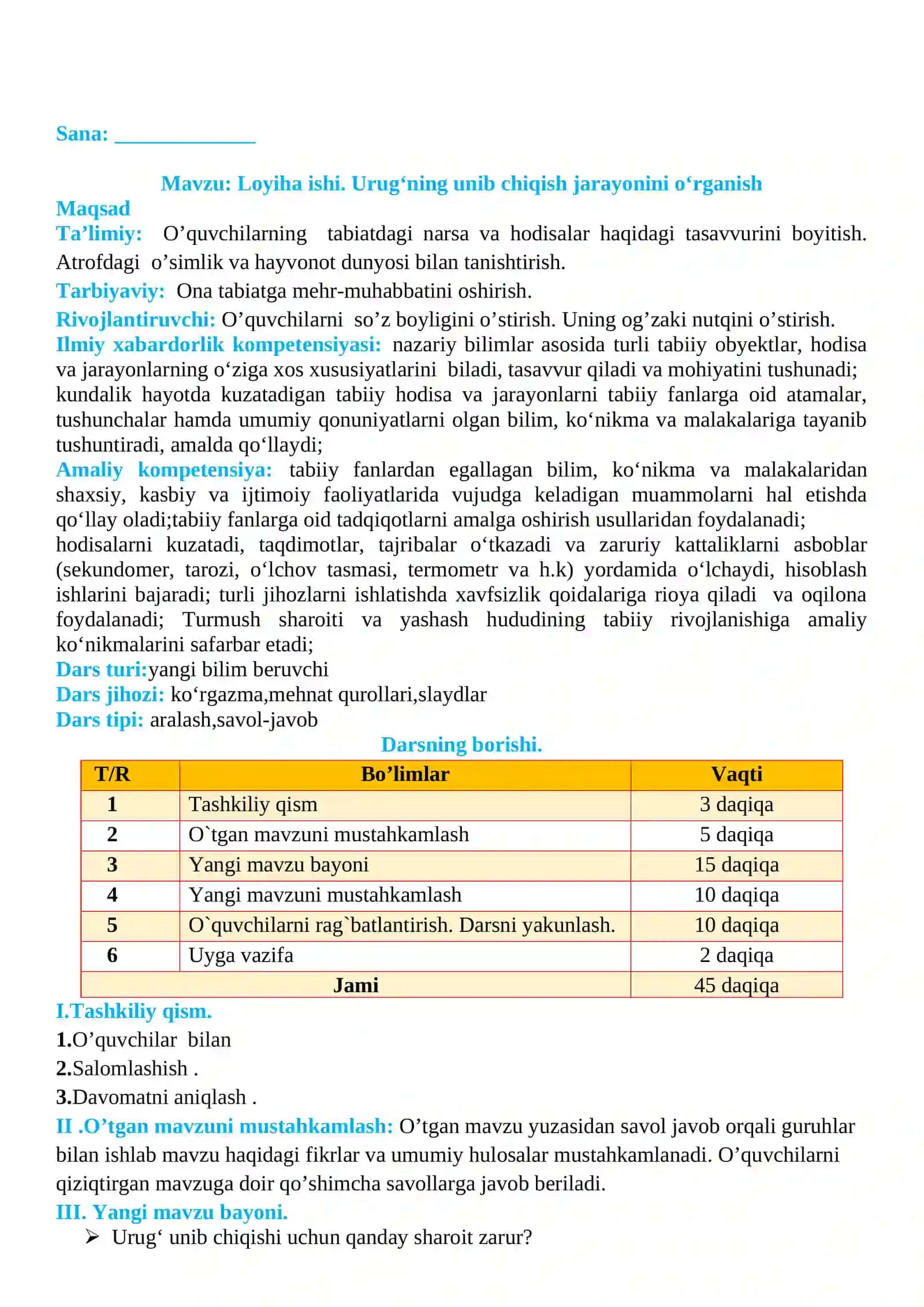 2-sinf Tabiiy fan (Science) Urug'ning unib chiqish jarayonini o'rganish dars ishlanma 2