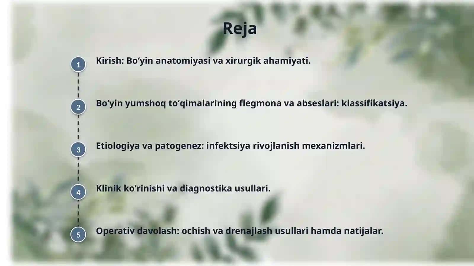 Boʻyin sohasi topografik anatomiyasi va operativ xirurgiyasi.  Boʻyin sohasi flegmona va abseslari: joylashishi va operativ ochish hamda drenajlash usullari 2