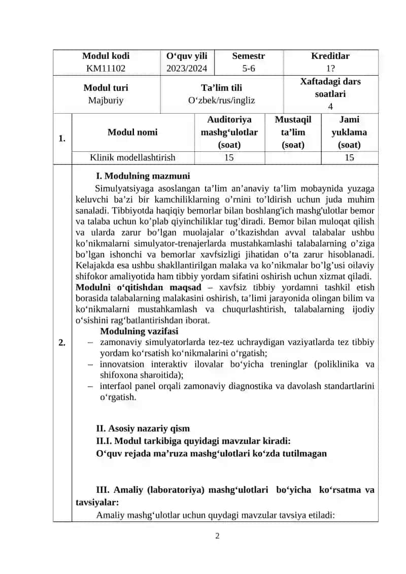 KLINIK MODELLASHTIRISH MODUL DASTURI 2