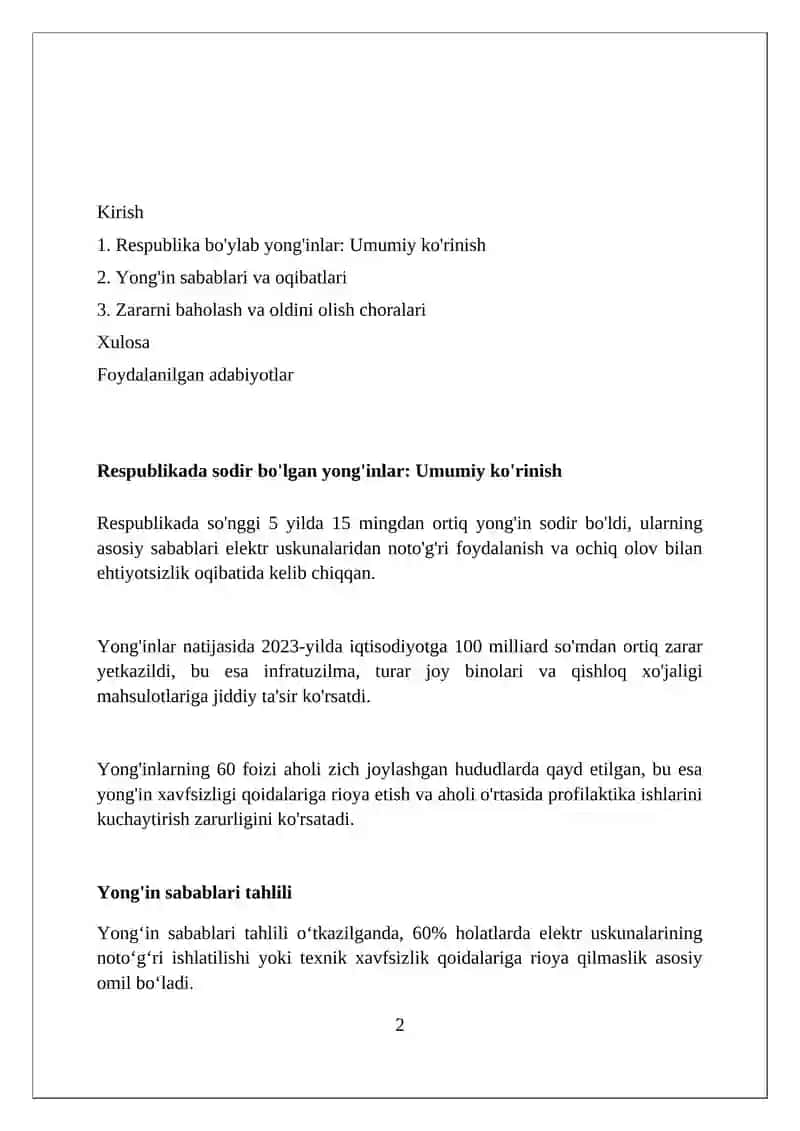 Respublika bo'ylab yong'inlar sodir bo'lishi va ularda ko'riladigan zararlar 2