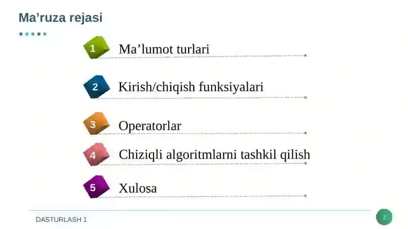 Dasturlash tillarining tuzilmasi. Chiziqli algoritmlarni tashkil qilish va algebraik ifodalarni matematik kutubxona funksiyalari yordamida hisoblash. 2