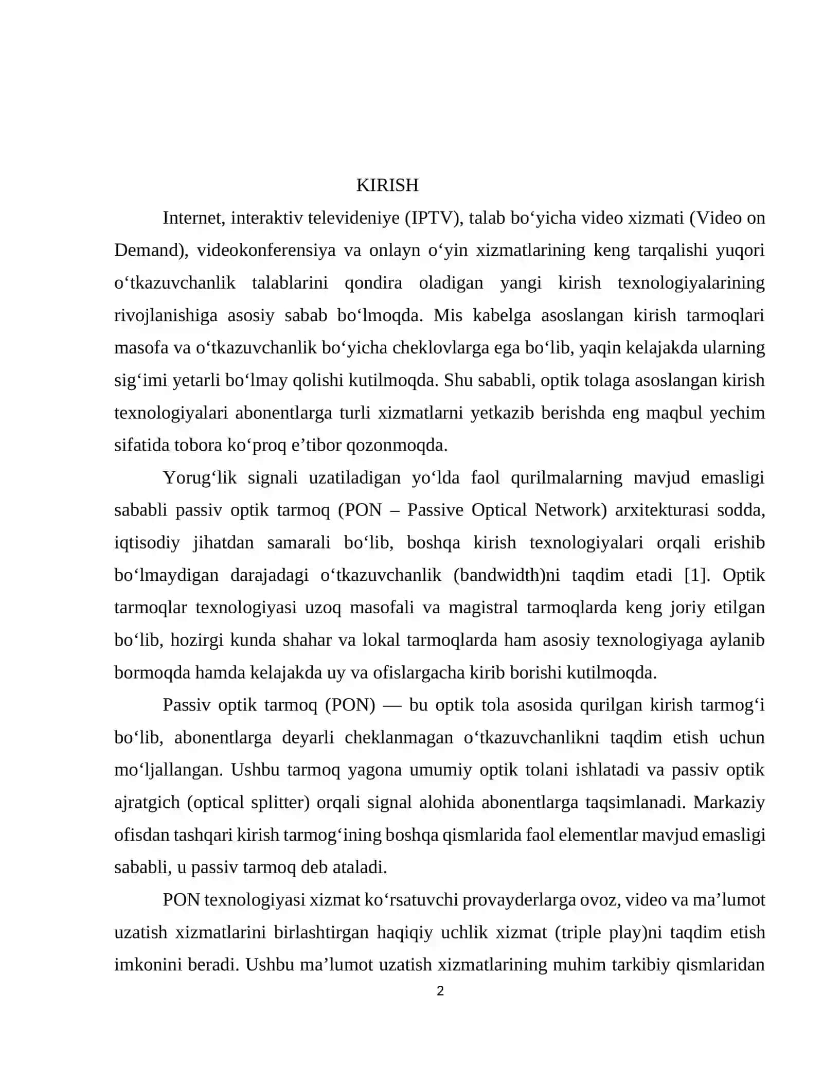 PASSIV OPTIK TARMOQLARNING AFZALLIKLARI. PASSIV OPTIK ALOQA TARMOQLARIDA TRAFIK XARAKTERISTIKALARINI TAHLIL QILISH 2