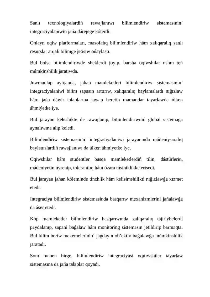 Ja`ha`n ma`mleketleri bilimlendiriw sistemasinin` integraciyalasiwi 2