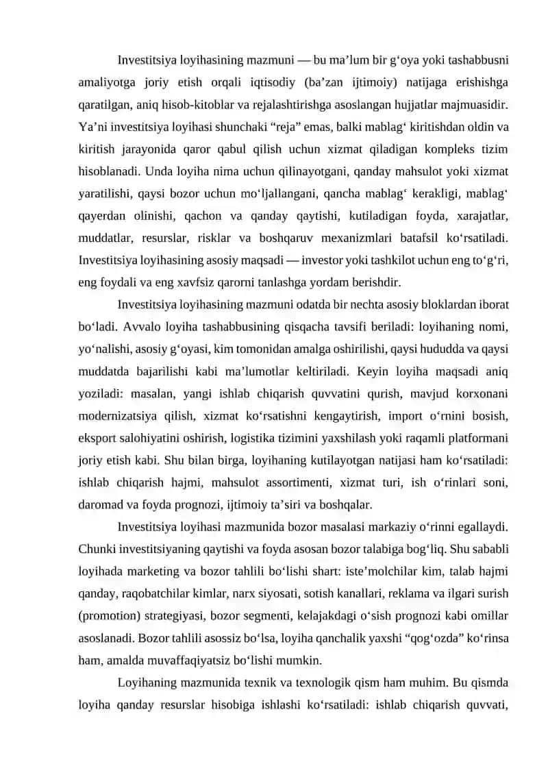 Investitsiya loyihalarini tayyorlash va tahlil qilish 2