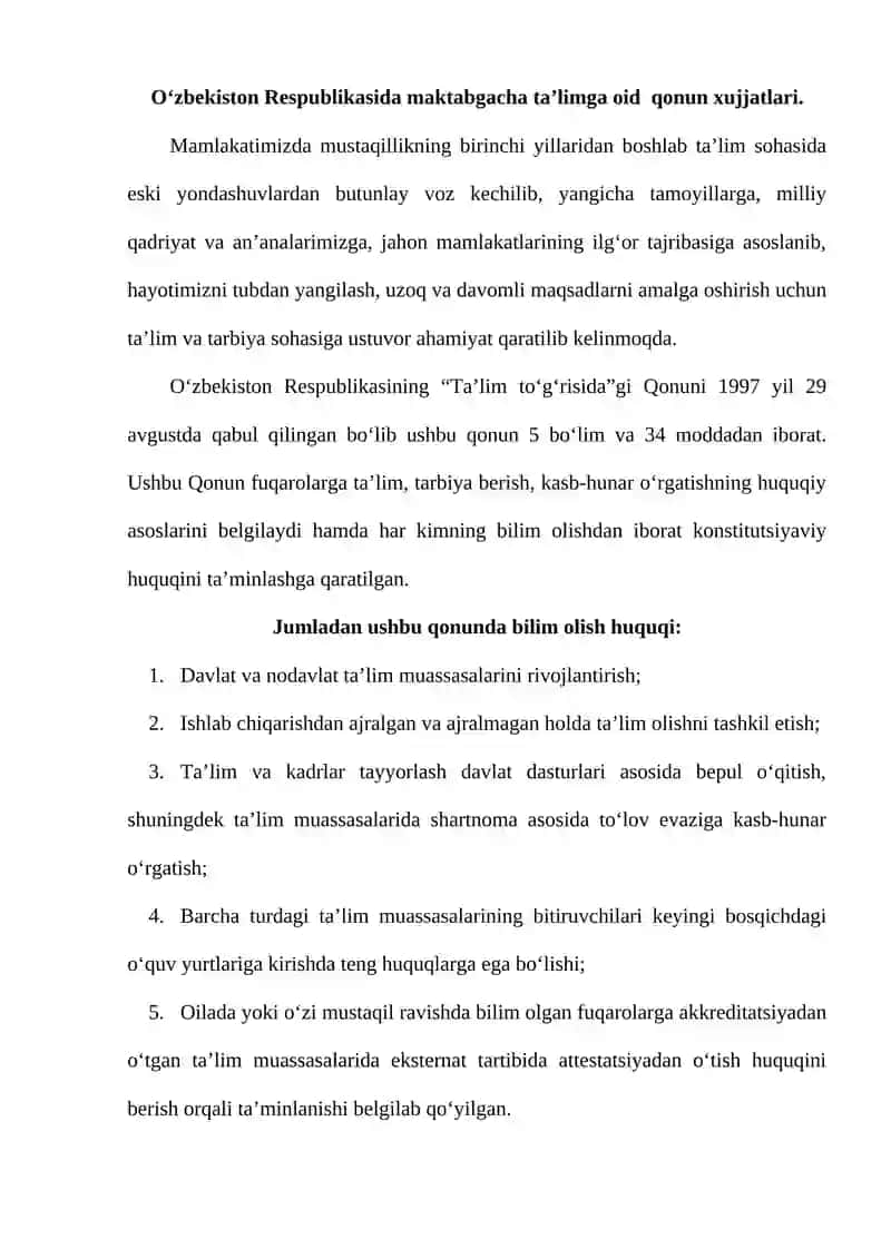 "O‘zbekiston Respublikasining maktabgacha ta’lim va tarbiya to’g’risidagi qonuni" 2